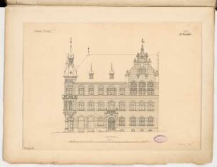 Rathaus, Tarnowitz Monatskonkurrenz Oktober 1895: Aufriss Vorderansicht (Nordseite) 1:100; Maßstabsleiste
