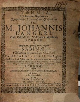 Euphemiae in festivitatem Nuptiarum Joh. Langer et Sabinae, Sebaldi Krugii filiae