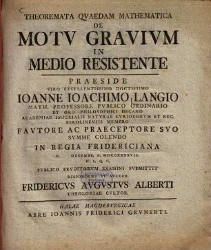 Theoremata qvaedam mathematica de motv gravivm in medio resistente