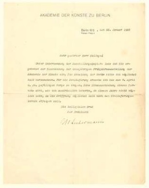 Brief von Max Liebermann m.e.U. an Heinrich Zille betr. Beteiligung an Frühjahrausstellung der Akademie der Künste