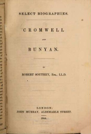Select Biographies : Cromwell and Bunyan