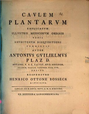 Cavlem Plantarvm Explicatvm : ad d. XXVII. Sept. a. r. s. MDCCXLV.