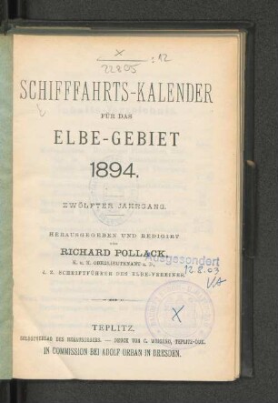 Schifffahrts-Kalender für das Elbe-Gebiet 1894. Zwölfter Jahrgang.
