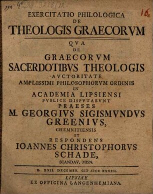 Exercitatio philol. de theologis Graecorum, qua de Graecorum sacerdotibus theologis