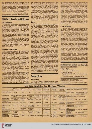 Beachtenswerte Bücher und Tonwerke / Wochen-Spielplan der Berliner Theater