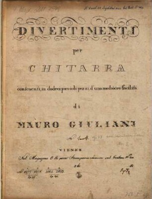 Divertimenti per chitarra : contenenti, in dodeci piccioli pezzi, d'una mediocre facilità ; opera 37, 1