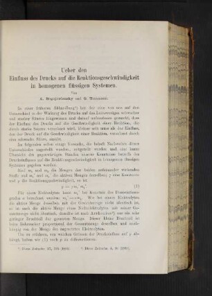 Ueber den Einfluss des Drucks auf die Reaktionsgeschwindigkeit in homogenen flüssigen Systemen.