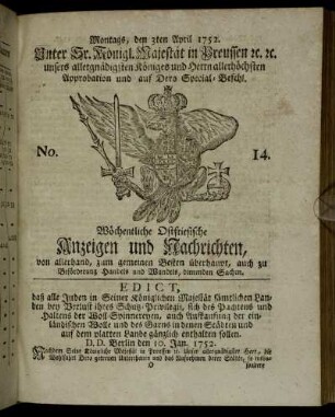 No. 14. Montags, den 3ten April 1752.