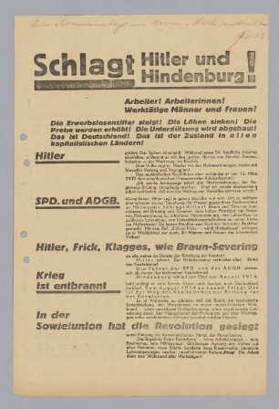 "Schlagt Hitler und Hindenburg!"