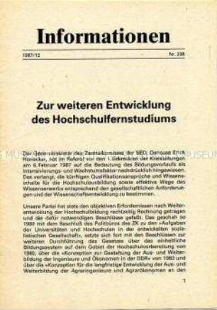 Parteiinformation der SED zu Problemen des Hochschulfernstudiums