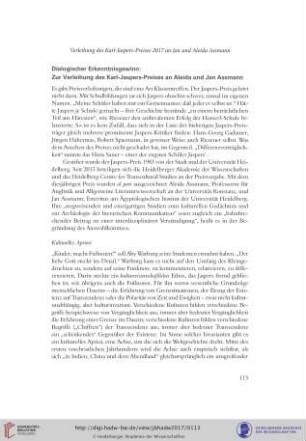 Dialogischer Erkenntnisgewinn : zur Verleihung des Karl-Jaspers-Preises an Aleida und Jan Assmann