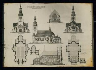 Sankt-Antonius-Kirche, Eichenau (Kattowitz): Zeichnung: Ansichten, Schnitte, Grundrisse