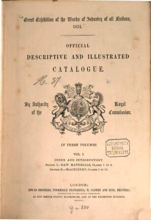 Official descriptive and illustrated catalogue : in three volumes, Vol. 1. Index and introductory