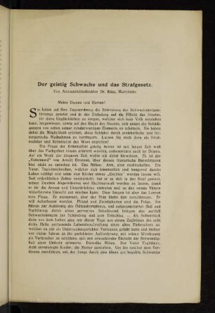 Der geistig Schwache und das Strafgesetz.