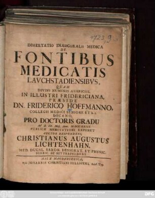 Dissertatio Inauguralis Medica De Fontibus Medicatis Lavchstadiensibvs