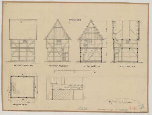 Asseln (Stadt Dortmund): Hof Haarmann. - Speicher (Grundriss, Nordansicht, Westansicht, Schnitte). - Inschrift am Speicher (Detailansicht)