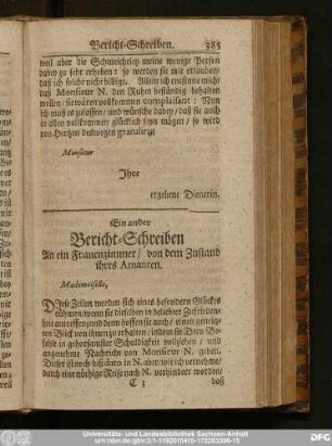 Ein ander Bericht-Schreiben An ein Frauenzimmer, von dem Zustand ihres Amanten.