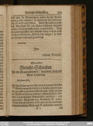 Ein ander Bericht-Schreiben An ein Frauenzimmer, von dem Zustand ihres Amanten.