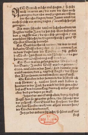 ACH Gott ich möcht wol singen/ so ficht || mich trauren an/