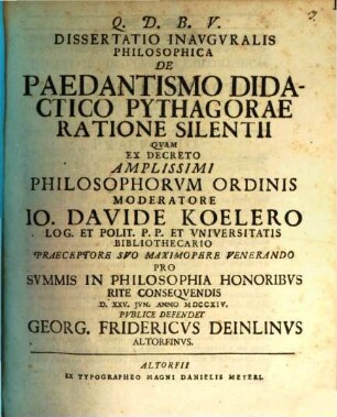 Diss. inaug. philos. de paedantismo didactico Pythagorae ratione silentii