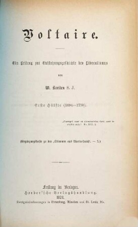 Voltaire : ein Beitrag zur Entstehungsgeschichte des Liberalismus, 1. 1694 - 1750