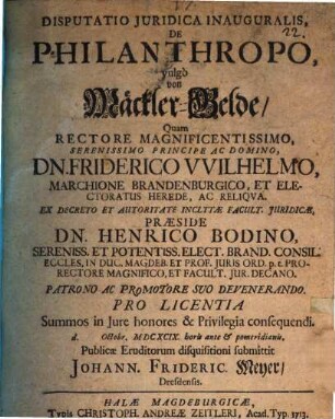 Disputatio juridica inauguralis, de philanthropo, vulgo von Mäckler-Gelde