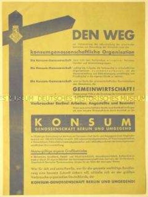 Programmatisches Werbeflugblatt an die Arbeiter, Angestellten und Beamten zum Anschluss an die Konsum-Genossenschaft Berlin- und Umgebung und Einzahlung von Spareinlagen bei der Genossenschaftssparkasse