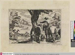[Jagd auf Wild an einem See mit Pferden und Booten]