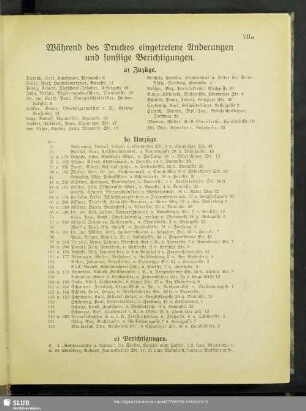 Während des Druckes eingetretene Änderungen und sonstige Berichtigungen