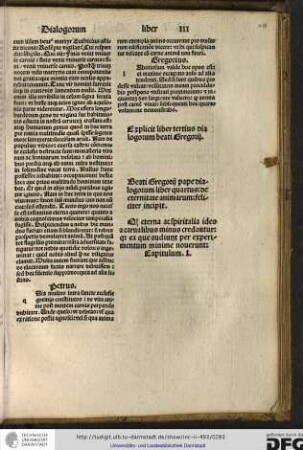 Beati Gregorii pape Dialogorum liber quartus, de eternitate animarum feliciter incipit.