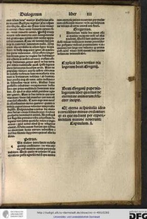 Beati Gregorii pape Dialogorum liber quartus, de eternitate animarum feliciter incipit.