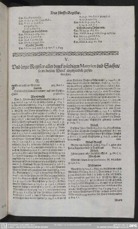 V. Und letzte Register aller denckwürdigen Materien und Sachen, so in diesem Werck abgehandelt zu finden seyn