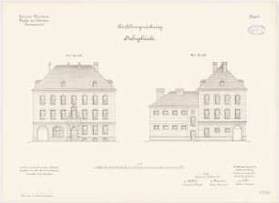 Garnison des Infanterie-Kasernements, Mannheim Stabsgebäude: Aufriss Südansicht, Westansicht 1:100