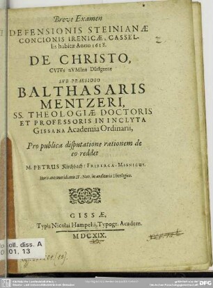 [1]: Disputationes novem anti-Steinianae : quibus examinatur defensio concionis Irenicae a Paulo Steinio ...