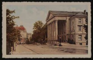 Ansichtskarte von Max Mell an Hofmannsthal mit kolorierter Ansicht des Landestheaters Meiningen