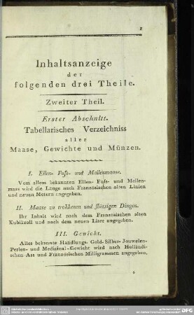 Inhaltsanzeige der folgenden drei Theile
