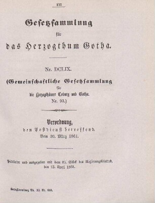 659. Verordnung, den Postdienst betreffend; vom 30. März 1861.