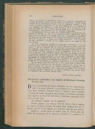 Los premios nacionales a las mejores producciones literarias del año 1927