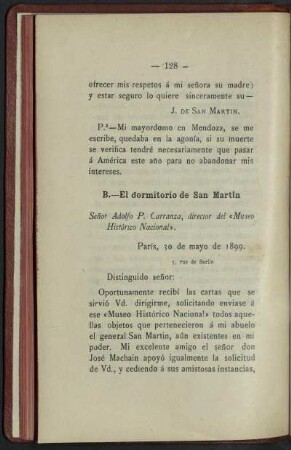 B.-El dormitorio de San Martin