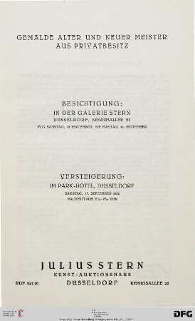 Katalog Nr. 6: Auktions-Katalog / Julius Stern, Kunst-Aktionshaus: Gemälde alter und neuer Meister aus Privatbesitz : 17. September 1932