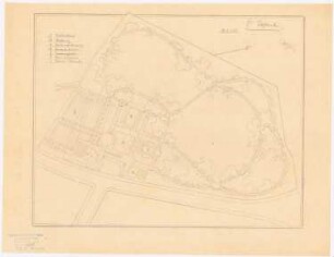 Garten Ispert, Burscheid: Gartenanlage im Grundriss 1:625, Legende, Vermerk