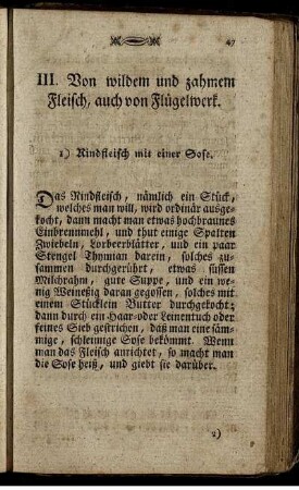III. Von wilden und zahmen Fleisch, auch von Flügelwerk.