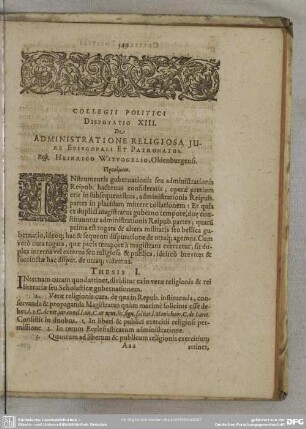 Disputatio XIII. De Administratione Religiosa Iure Episcopali Et Patronatus