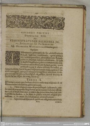 Disputatio XIII. De Administratione Religiosa Iure Episcopali Et Patronatus