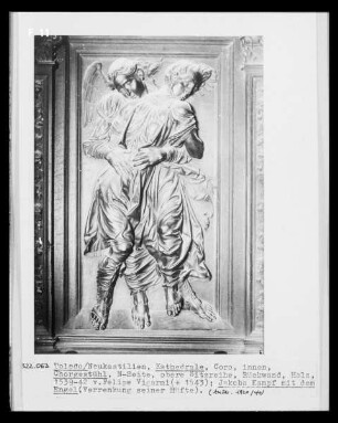 Trascoro de la catedral de Toledo, Nordseite, obere Sitzseite, Rückwand: Jakobs Kampf mit dem Engel
