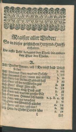 Register aller Lieder/ So in dieser geistlichen Hertzens-Harffe enthalten.