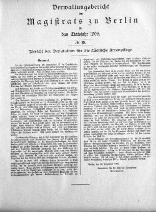 No. 19. Bericht der Deputation für die städtische Irrenpflege