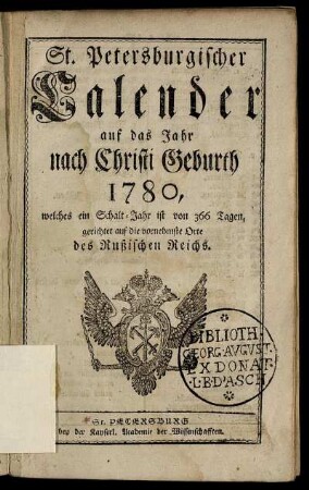 1780: St. Petersburgischer Calender auf das Jahr nach Christi Geburth 1780