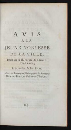 Avis A La Jeune Noblesse De La Ville; Imité de la II. Satyre du Livre I. d'Horace, ...