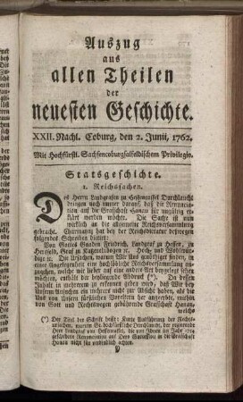 XXII. Nachl. Coburg, den 2. Junii, 1762.